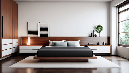 This is a serene and modern minimalist bedroom, featuring a platform bed with a neutral-colored wooden frame, crisp white sheets, and a minimalist wooden dresser.の素材