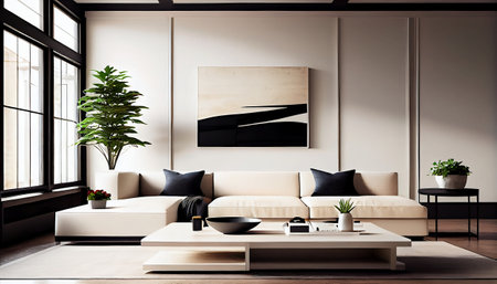 This is an image of a minimalist living room with a cozy beige couch as the focal point. The overall look is simple yet stylish, with clean lines and a neutral color scheme.の素材