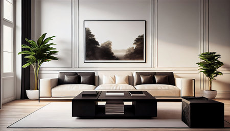 This is an image of a minimalist living room with a cozy beige couch as the focal point. The overall look is simple yet stylish, with clean lines and a neutral color scheme.の素材