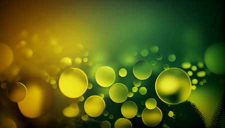 The image features a soft gradient background of green and yellow hues, reminiscent of the vibrant and refreshing colors of spring. Circular bokeh lights create a dreamy and enchanting atmosphereの素材