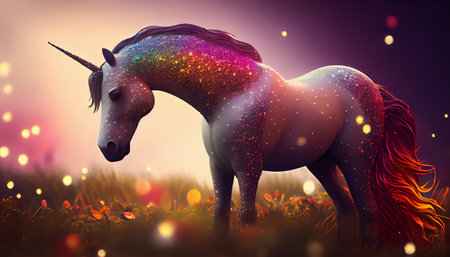 a magical and whimsical scene featuring a colorful unicorn with a rainbow bokeh. The vibrant and multicolored background adds glittering sparkles and shining lights create a bright and radiant effectの素材