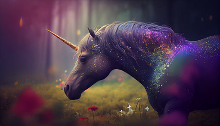 a magical and whimsical scene featuring a colorful unicorn with a rainbow bokeh. The vibrant and multicolored background adds glittering sparkles and shining lights create a bright and radiant effectの素材