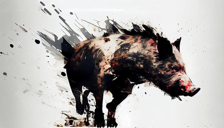 The painting is a striking and intense depiction of an aggressive boar rendered in a dark watercolor style. The artwork captures the wild and fierce nature of the animalの素材