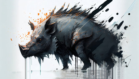 The painting is a striking and intense depiction of an aggressive boar rendered in a dark watercolor style. The artwork captures the wild and fierce nature of the animalの素材