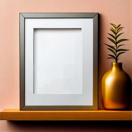 The image is a mock-up of a frame placed on a wooden shelf against a wall. The frame is empty, providing ample copy space for the placement of artwork, pictures, prints, or posters.の素材