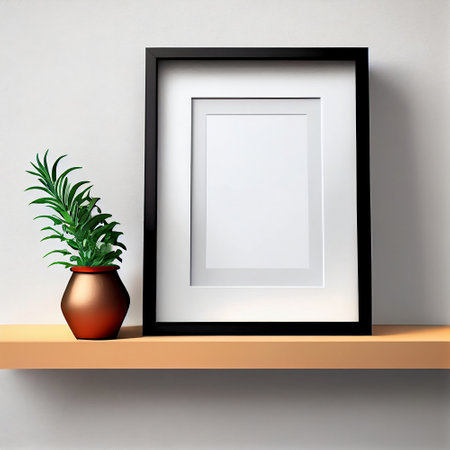 The image is a mock-up of a frame placed on a wooden shelf against a wall. The frame is empty, providing ample copy space for the placement of artwork, pictures, prints, or posters.の素材