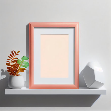 The image is a mock-up of a frame placed on a wooden shelf against a wall. The frame is empty, providing ample copy space for the placement of artwork, pictures, prints, or posters.の素材
