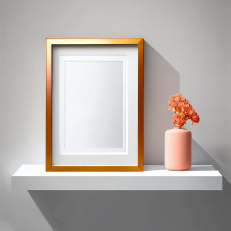 The image is a mock-up of a frame placed on a wooden shelf against a wall. The frame is empty, providing ample copy space for the placement of artwork, pictures, prints, or posters.の素材
