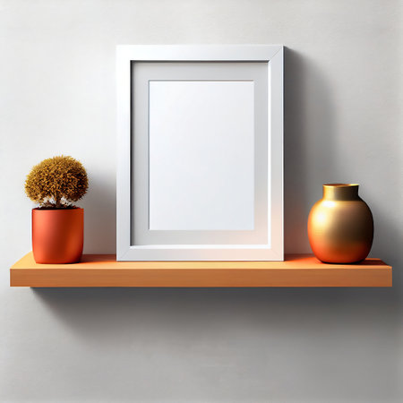 The image is a mock-up of a frame placed on a wooden shelf against a wall. The frame is empty, providing ample copy space for the placement of artwork, pictures, prints, or posters.の素材