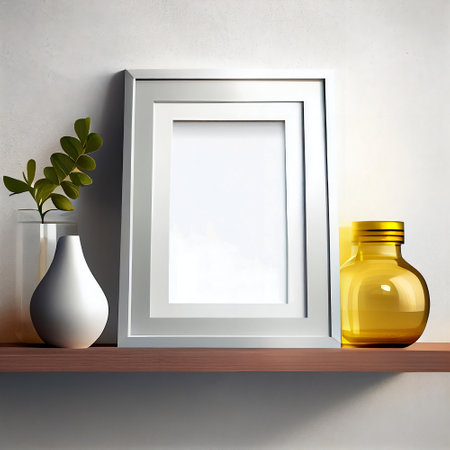 The image is a mock-up of a frame placed on a wooden shelf against a wall. The frame is empty, providing ample copy space for the placement of artwork, pictures, prints, or posters.の素材
