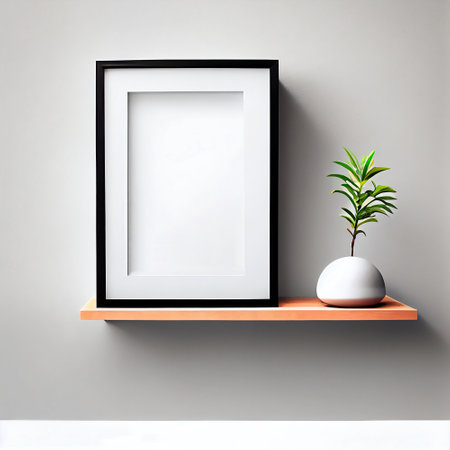 The image is a mock-up of a frame placed on a wooden shelf against a wall. The frame is empty, providing ample copy space for the placement of artwork, pictures, prints, or posters.の素材