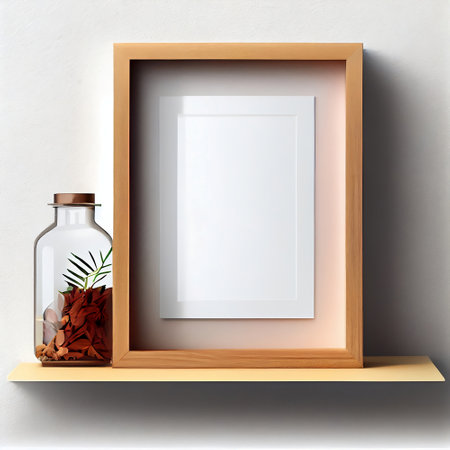 The image is a mock-up of a frame placed on a wooden shelf against a wall. The frame is empty, providing ample copy space for the placement of artwork, pictures, prints, or posters.の素材