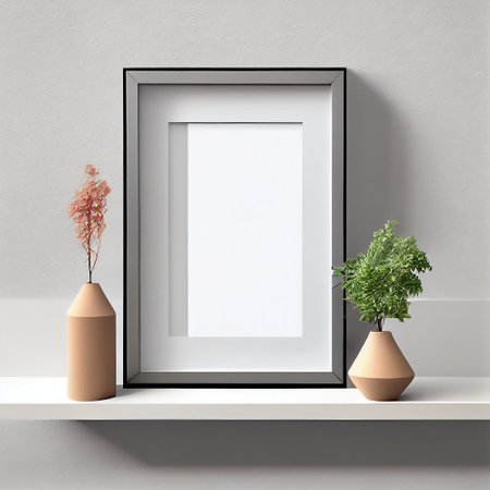 The image is a mock-up of a frame placed on a wooden shelf against a wall. The frame is empty, providing ample copy space for the placement of artwork, pictures, prints, or posters.の素材