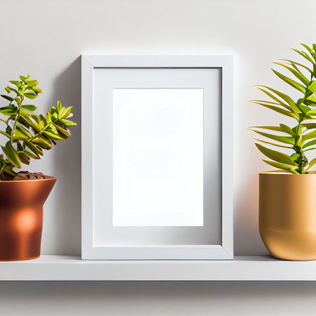 The image is a mock-up of a frame placed on a wooden shelf against a wall. The frame is empty, providing ample copy space for the placement of artwork, pictures, prints, or posters.の素材
