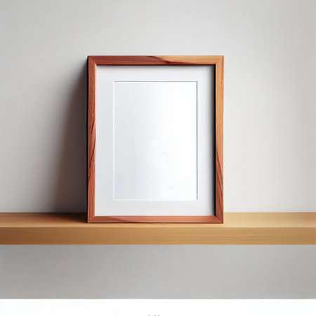 The image is a mock-up of a frame placed on a wooden shelf against a wall. The frame is empty, providing ample copy space for the placement of artwork, pictures, prints, or posters.の素材
