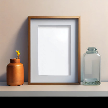 The image is a mock-up of a frame placed on a wooden shelf against a wall. The frame is empty, providing ample copy space for the placement of artwork, pictures, prints, or posters.の素材