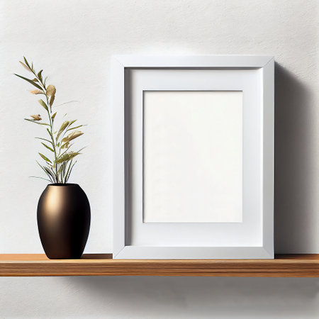 The image is a mock-up of a frame placed on a wooden shelf against a wall. The frame is empty, providing ample copy space for the placement of artwork, pictures, prints, or posters.の素材