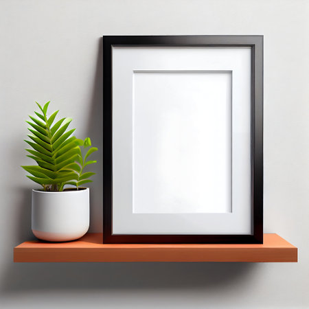 The image is a mock-up of a frame placed on a wooden shelf against a wall. The frame is empty, providing ample copy space for the placement of artwork, pictures, prints, or posters.の素材
