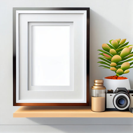 The image is a mock-up of a frame placed on a wooden shelf against a wall. The frame is empty, providing ample copy space for the placement of artwork, pictures, prints, or posters.の素材