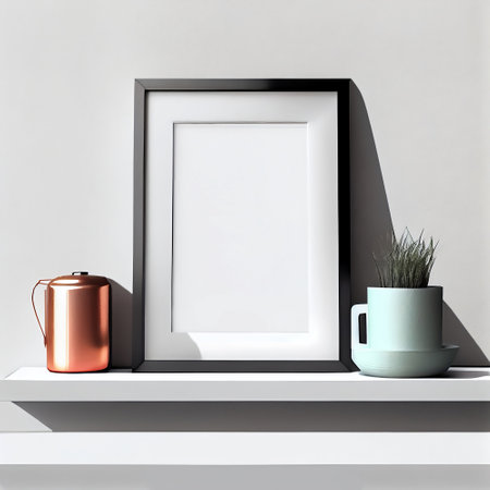 The image is a mock-up of a frame placed on a wooden shelf against a wall. The frame is empty, providing ample copy space for the placement of artwork, pictures, prints, or posters.の素材