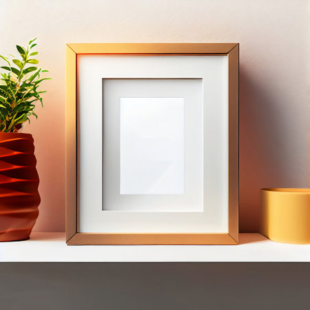 The image is a mock-up of a frame placed on a wooden shelf against a wall. The frame is empty, providing ample copy space for the placement of artwork, pictures, prints, or posters.の素材
