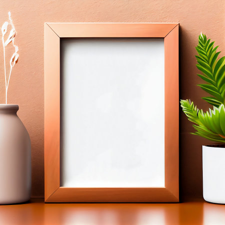The image is a mock-up of a frame placed on a wooden shelf against a wall. The frame is empty, providing ample copy space for the placement of artwork, pictures, prints, or posters.の素材