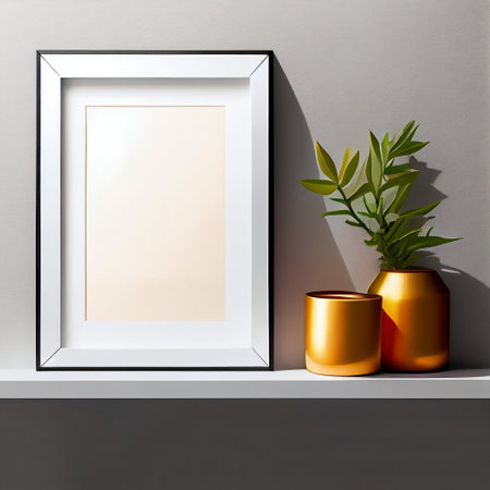 The image is a mock-up of a frame placed on a wooden shelf against a wall. The frame is empty, providing ample copy space for the placement of artwork, pictures, prints, or posters.の素材