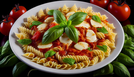 pasta dish features tossed in a rich tomato-based marinara sauce. The sauce is seasoned to perfection with aromatic herbs and spices and topped with generous shavings of Parmesan cheese.の素材