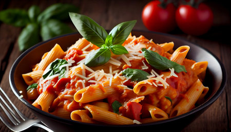 pasta dish features tossed in a rich tomato-based marinara sauce. The sauce is seasoned to perfection with aromatic herbs and spices and topped with generous shavings of Parmesan cheese.の素材