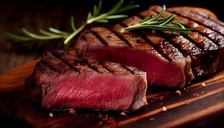 a beautifully steak, with a gradient of colors from deep brown to pinkish-red visible in the interior of the meat presented garnished with a sprinkle of fresh herbs and a drizzle of savory sauce.の素材
