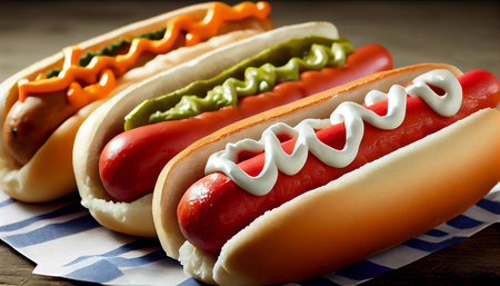 perfect hot dog with The soft and fresh sliced bun is lightly toasted and proportionally sized to sausage seasoned with various herbs and spices. Toppings such as ketchup, mustard, onions,の素材