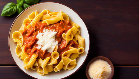 pasta dish features tossed in a rich tomato-based marinara sauce. The sauce is seasoned to perfection with aromatic herbs and spices and topped with generous shavings of Parmesan cheese.の素材