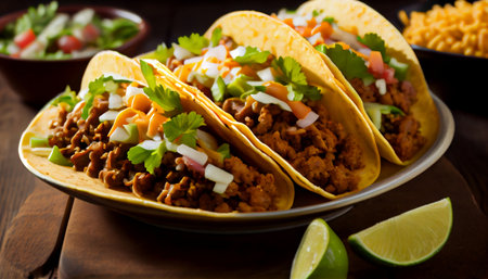 taco, a traditional Mexican dish that has gained popularity made up of a corn or wheat tortilla filled with a variety of ingredients, such as meat, beans, cheese, vegetables, and salsa.の素材
