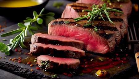 a beautifully steak, with a gradient of colors from deep brown to pinkish-red visible in the interior of the meat presented garnished with a sprinkle of fresh herbs and a drizzle of savory sauce.の素材