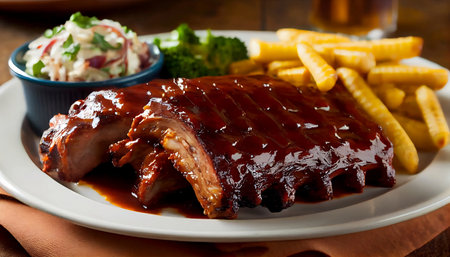 the BBQ ribs - a meaty plate of slow-cooked pork ribs that are fall-off-the-bone tender, grilled  to give them a crispy, caramelized exterior, and slathered in a rich and savory barbecue sauce.の素材