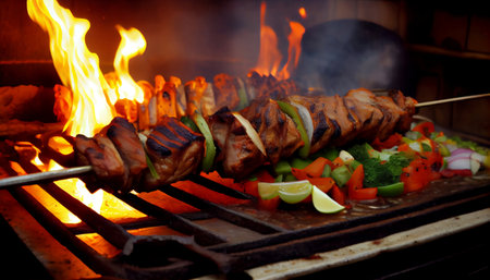 kebab, Skewered meat, such as beef, chicken, or lamb, is marinated in a blend of spices and then grilled over an open flame to give it a smoky, charred flavor.の素材