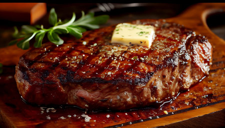 a beautifully steak, with a gradient of colors from deep brown to pinkish-red visible in the interior of the meat presented garnished with a sprinkle of fresh herbs and a drizzle of savory sauce.の素材