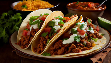 taco, a traditional Mexican dish that has gained popularity made up of a corn or wheat tortilla filled with a variety of ingredients, such as meat, beans, cheese, vegetables, and salsa.の素材