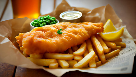 Fish and chips is a classic comfort food dish that originated in the United Kingdom. battered and deep-fried fish, usually cod or haddock, served with thick-cut French fries, also known as "chips"の素材