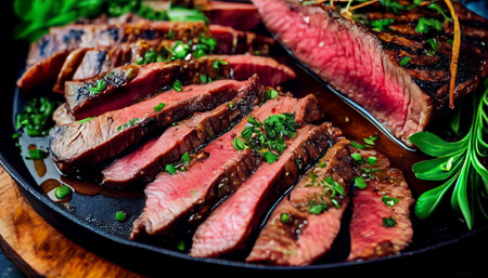 a beautifully steak, with a gradient of colors from deep brown to pinkish-red visible in the interior of the meat presented garnished with a sprinkle of fresh herbs and a drizzle of savory sauce.の素材