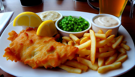 Fish and chips is a classic comfort food dish that originated in the United Kingdom. battered and deep-fried fish, usually cod or haddock, served with thick-cut French fries, also known as "chips"の素材