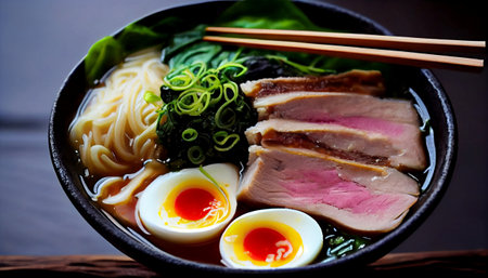 ramen, a Japanese noodle soup dish that has gained popularity for its presentation and complex flavors. a wheat noodles served made from ingredients simmered for hours to extract maximum flavor.の素材