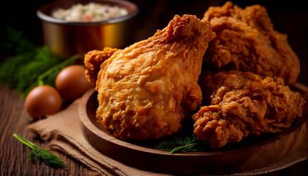 fried chicken. It highlights the key components that make up a well-made plate of fried chicken, including freshly prepared chicken, a variety of seasonings and a crispy and light batter or coating.の素材