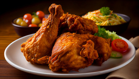 fried chicken. It highlights the key components that make up a well-made plate of fried chicken, including freshly prepared chicken, a variety of seasonings and a crispy and light batter or coating.の素材