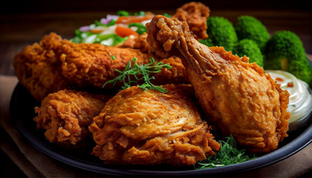 fried chicken. It highlights the key components that make up a well-made plate of fried chicken, including freshly prepared chicken, a variety of seasonings and a crispy and light batter or coating.の素材