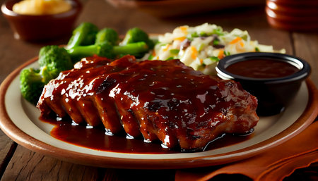 the BBQ ribs - a meaty plate of slow-cooked pork ribs that are fall-off-the-bone tender, grilled  to give them a crispy, caramelized exterior, and slathered in a rich and savory barbecue sauce.の素材