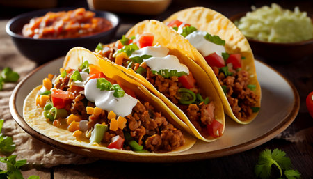 taco, a traditional Mexican dish that has gained popularity made up of a corn or wheat tortilla filled with a variety of ingredients, such as meat, beans, cheese, vegetables, and salsa.の素材