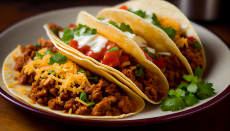 taco, a traditional Mexican dish that has gained popularity made up of a corn or wheat tortilla filled with a variety of ingredients, such as meat, beans, cheese, vegetables, and salsa.の素材