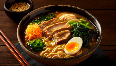 ramen, a Japanese noodle soup dish that has gained popularity for its presentation and complex flavors. a wheat noodles served made from ingredients simmered for hours to extract maximum flavor.の素材