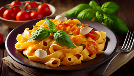pasta dish features tossed in a rich tomato-based marinara sauce. The sauce is seasoned to perfection with aromatic herbs and spices and topped with generous shavings of Parmesan cheese.の素材
